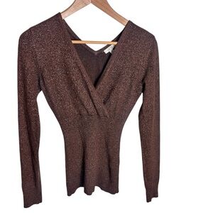 Cache Y2K Brown Metallic Knit Sweater cross over v neck ribbed accents